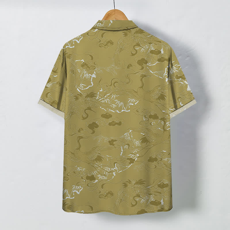 Nimara Ritual Cloud Crane Pattern Buttons Breathable Men's Short Sleeve Shirt