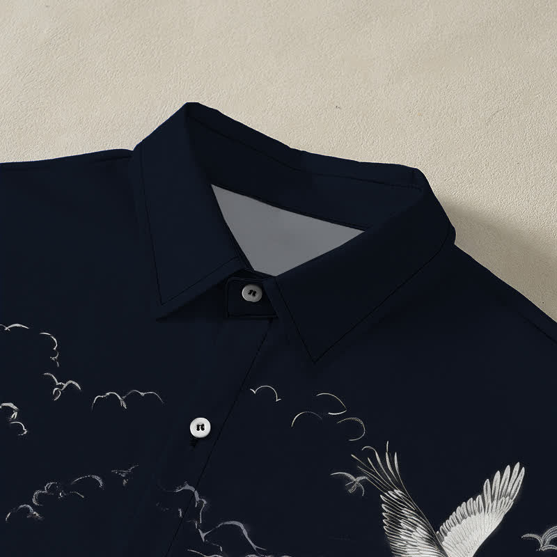 Nimara Ritual Ink Crane Mountain Cloud Pattern Buttons Breathable Men's Short Sleeve Shirt