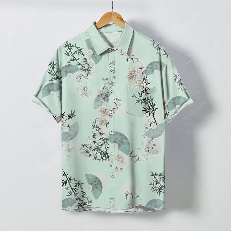 Nimara Ritual Mint Fan Bamboo Blossom Pattern Buttons Breathable Men's Short Sleeve Shirt