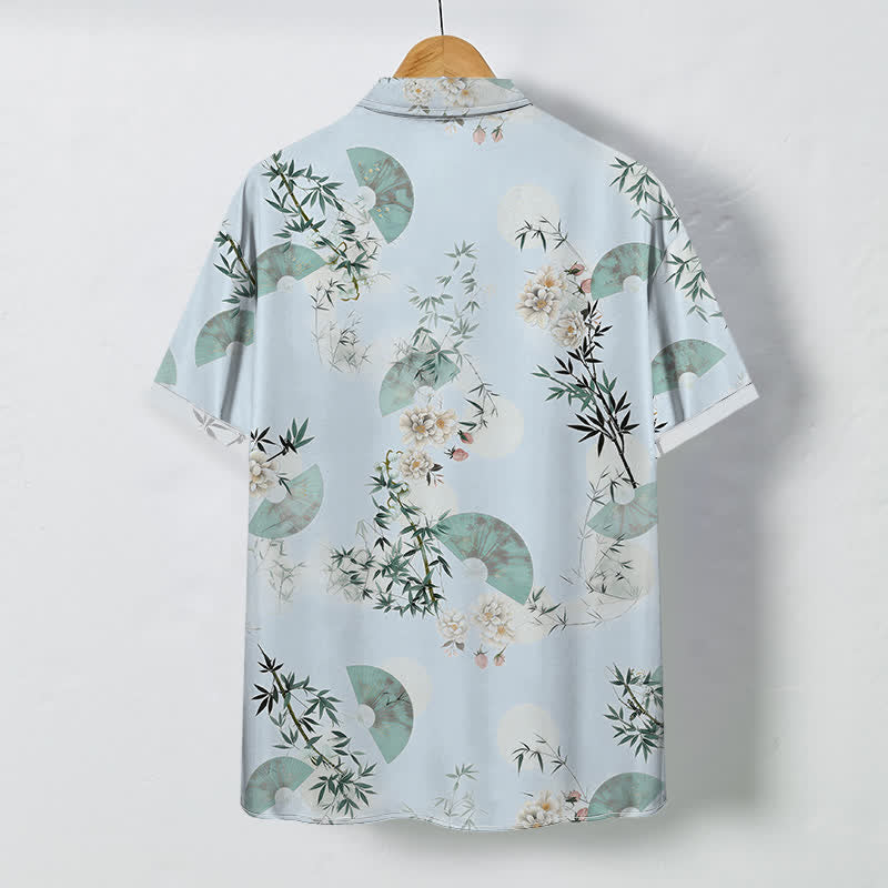 Nimara Ritual Mint Fan Bamboo Blossom Pattern Buttons Breathable Men's Short Sleeve Shirt