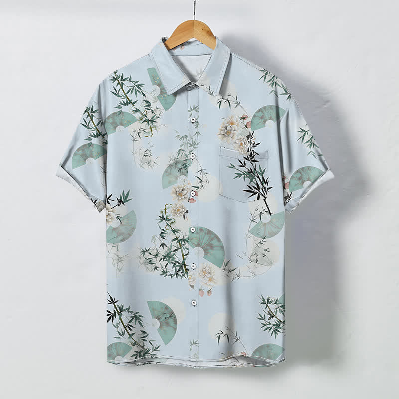 Nimara Ritual Mint Fan Bamboo Blossom Pattern Buttons Breathable Men's Short Sleeve Shirt