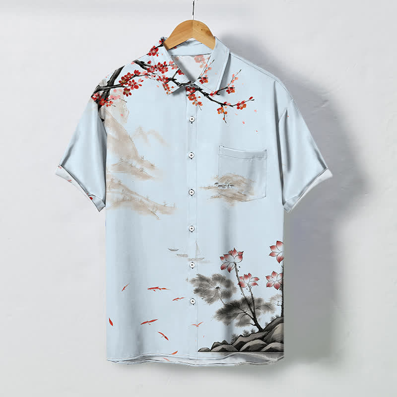 Nimara Ritual Ink Landscape Red Blossom Pattern Buttons Breathable Men's Short Sleeve Shirt