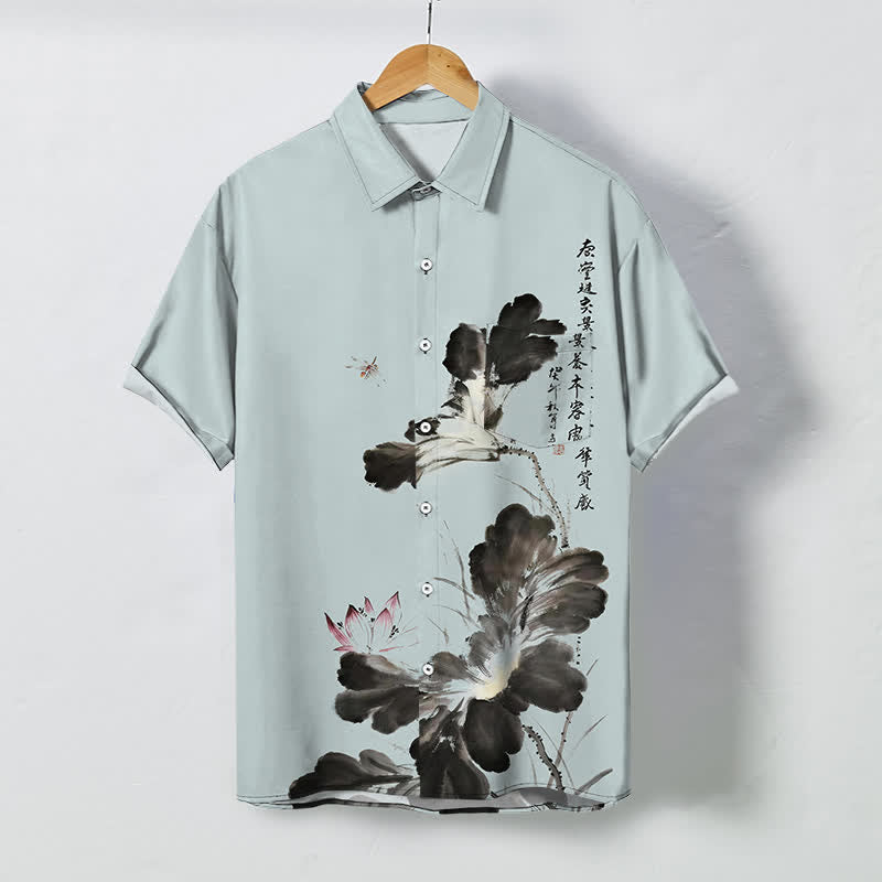 Nimara Ritual Ink Floral Calligraphy Pattern Buttons Breathable Men's Short Sleeve Shirt