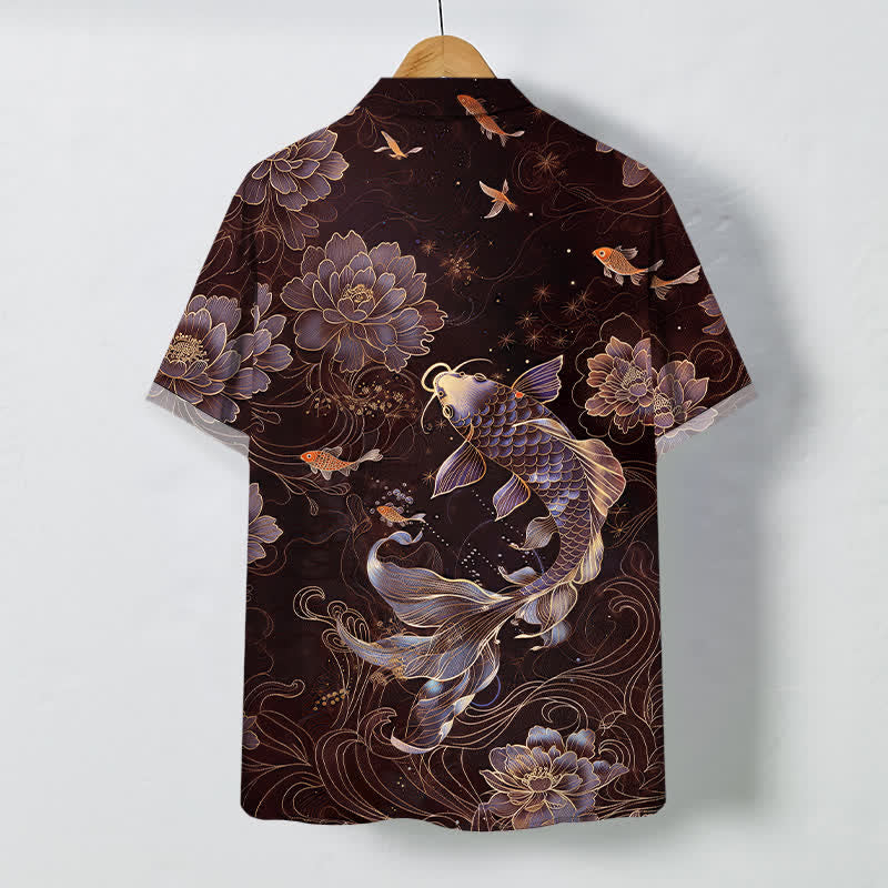 Nimara Ritual Blue Koi Lotus Pattern Buttons Breathable Men's Short Sleeve Shirt