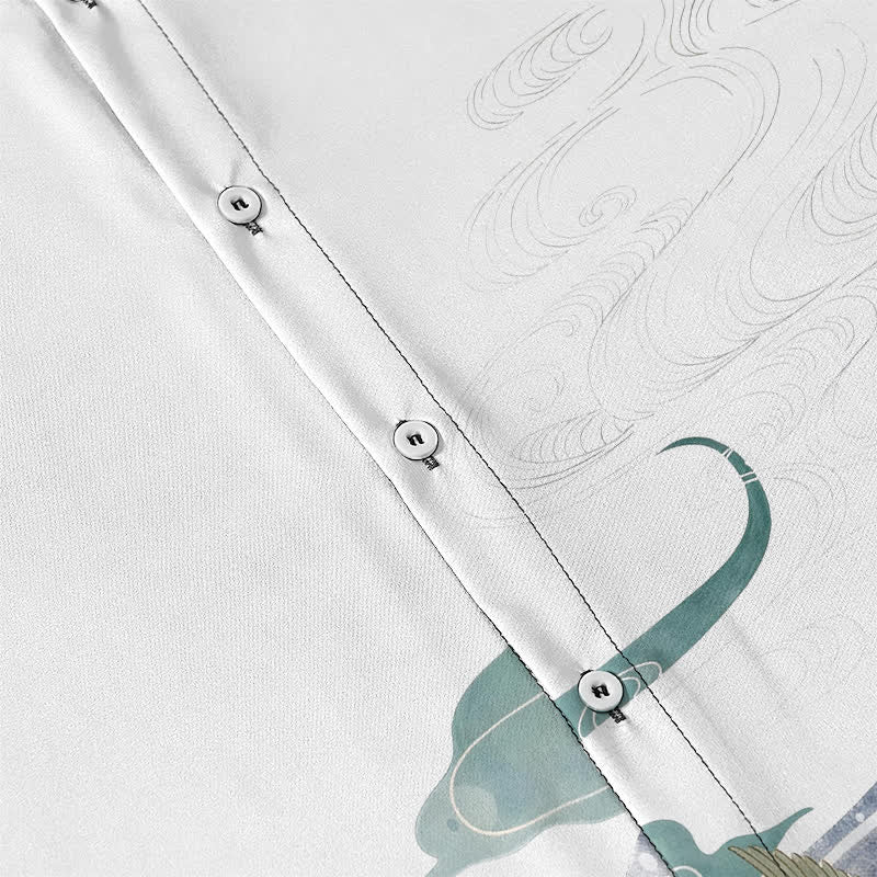 Nimara Ritual Crane Wave Cloud Pattern Buttons Breathable Men's Short Sleeve Shirt