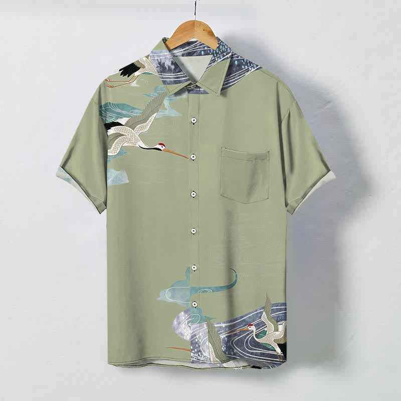 Nimara Ritual Crane Wave Cloud Pattern Buttons Breathable Men's Short Sleeve Shirt