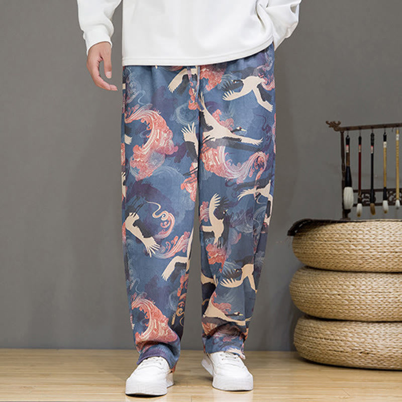 Nimara Ritual Spring Summer Casual Drawstring Crane Print Ankle Pants Men's Harem Pants With Pockets