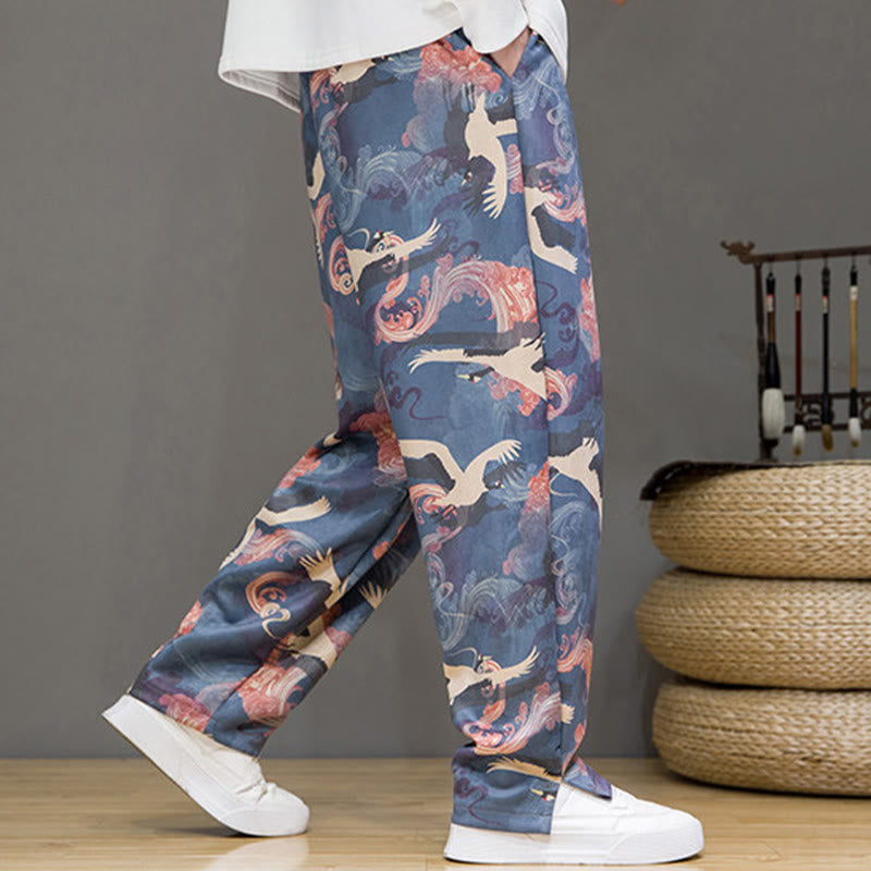 Nimara Ritual Spring Summer Casual Drawstring Crane Print Ankle Pants Men's Harem Pants With Pockets