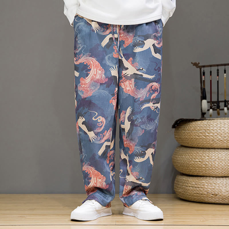 Nimara Ritual Spring Summer Casual Drawstring Crane Print Ankle Pants Men's Harem Pants With Pockets