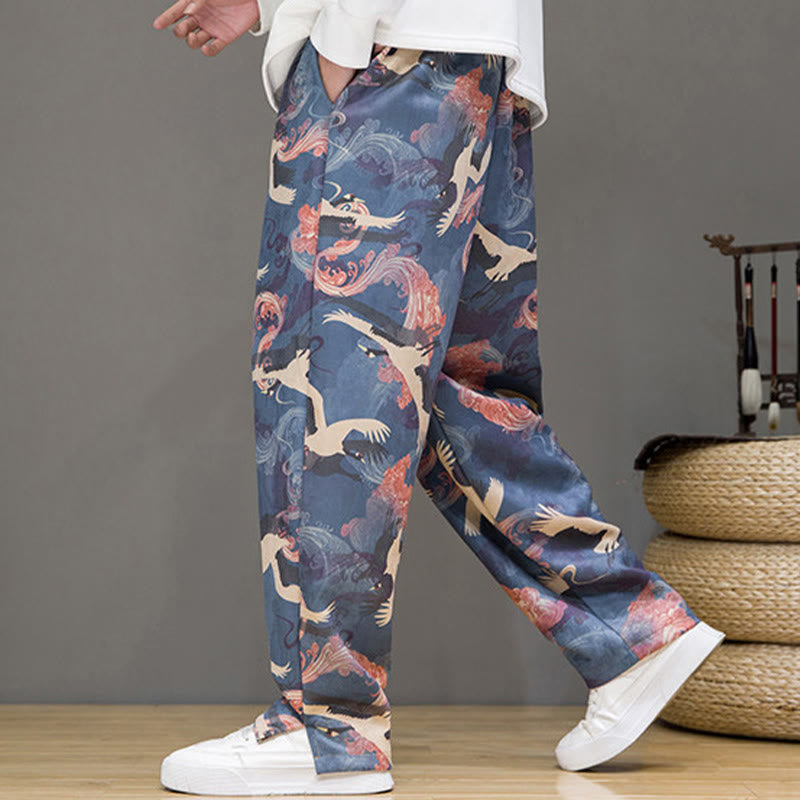 Nimara Ritual Spring Summer Casual Drawstring Crane Print Ankle Pants Men's Harem Pants With Pockets