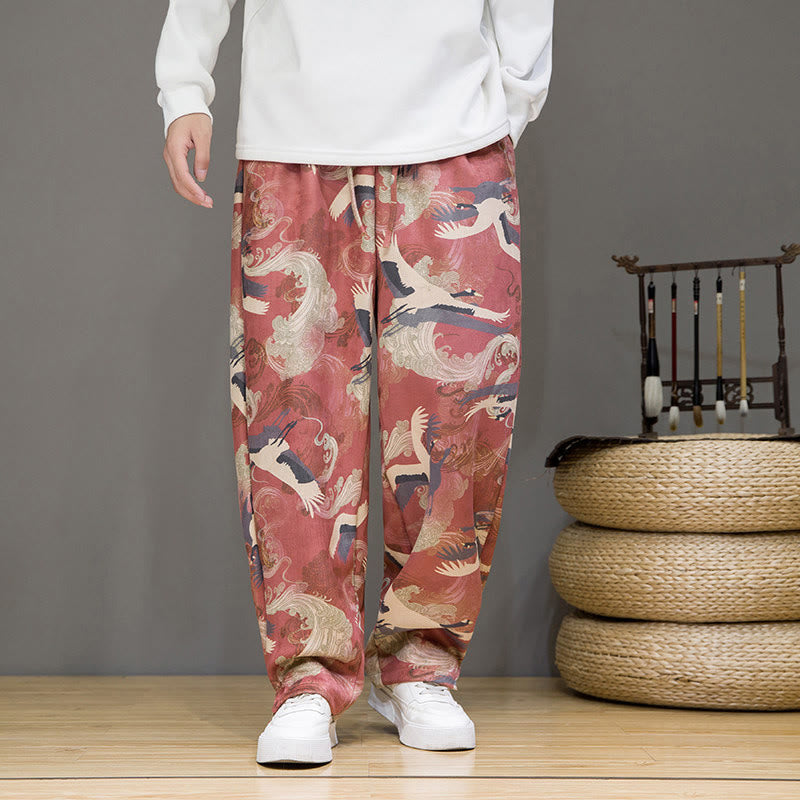 Nimara Ritual Spring Summer Casual Drawstring Crane Print Ankle Pants Men's Harem Pants With Pockets