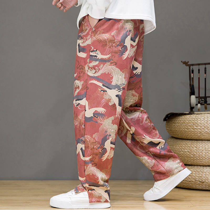 Nimara Ritual Spring Summer Casual Drawstring Crane Print Ankle Pants Men's Harem Pants With Pockets