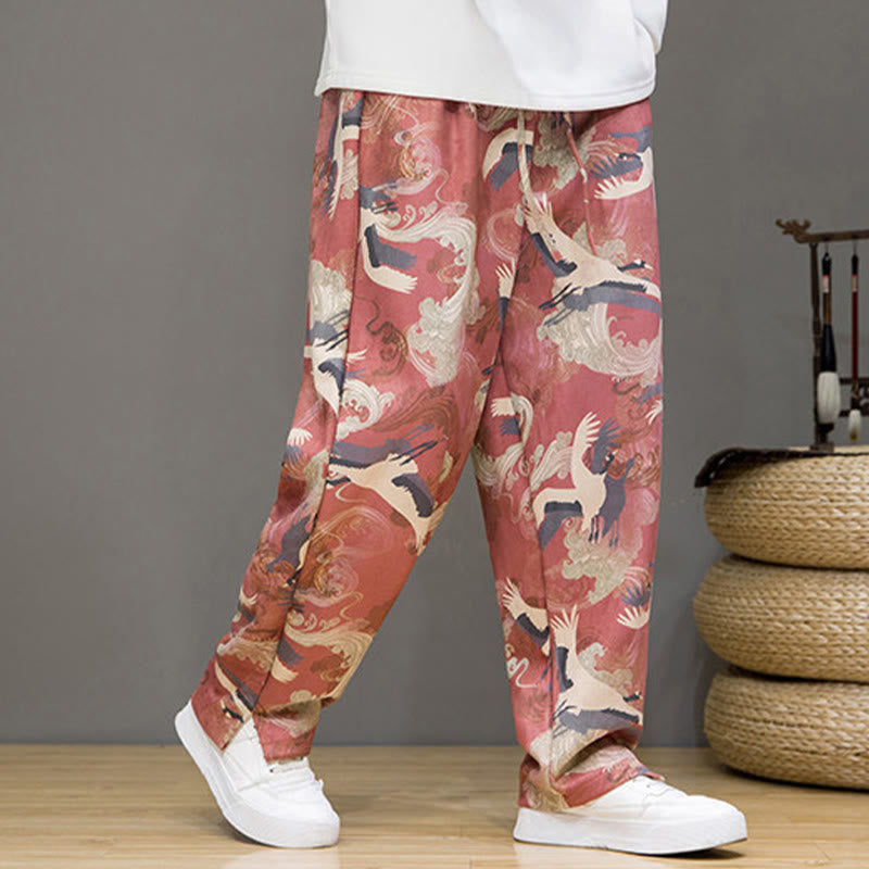 Nimara Ritual Spring Summer Casual Drawstring Crane Print Ankle Pants Men's Harem Pants With Pockets