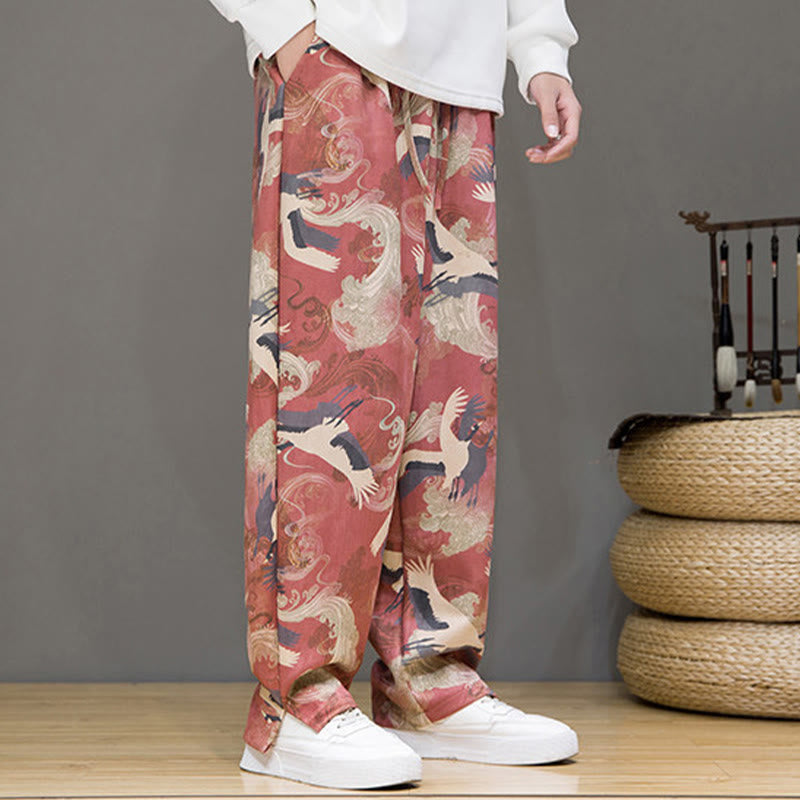 Nimara Ritual Spring Summer Casual Drawstring Crane Print Ankle Pants Men's Harem Pants With Pockets