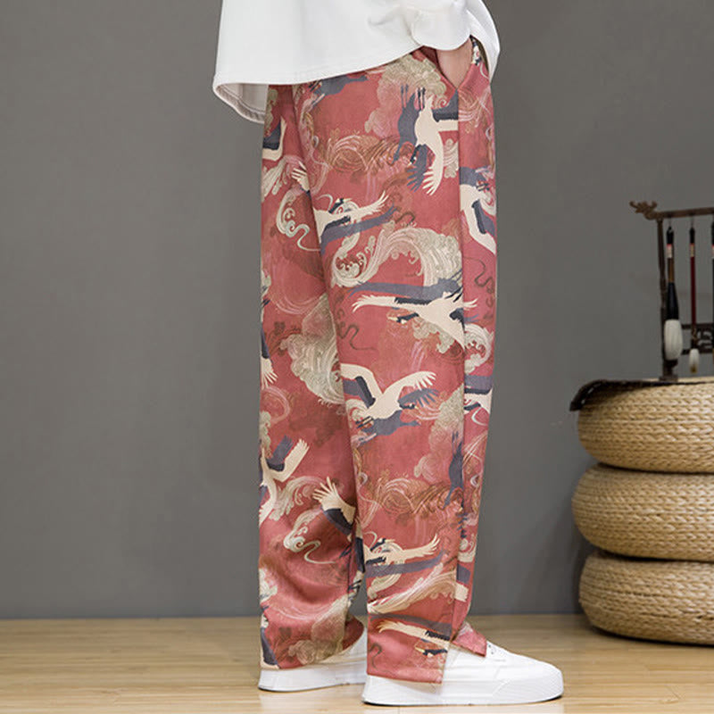 Nimara Ritual Spring Summer Casual Drawstring Crane Print Ankle Pants Men's Harem Pants With Pockets