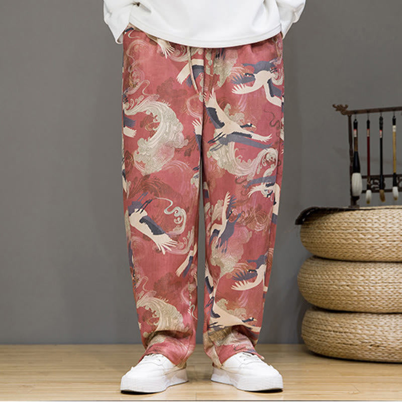 Nimara Ritual Spring Summer Casual Drawstring Crane Print Ankle Pants Men's Harem Pants With Pockets