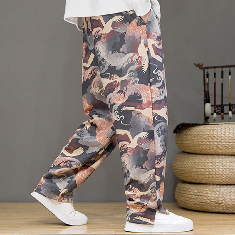 Nimara Ritual Spring Summer Casual Drawstring Crane Print Ankle Pants Men's Harem Pants With Pockets