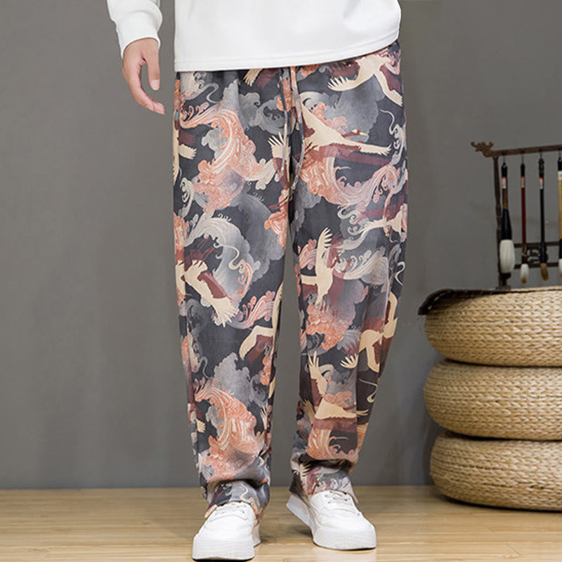 Nimara Ritual Spring Summer Casual Drawstring Crane Print Ankle Pants Men's Harem Pants With Pockets