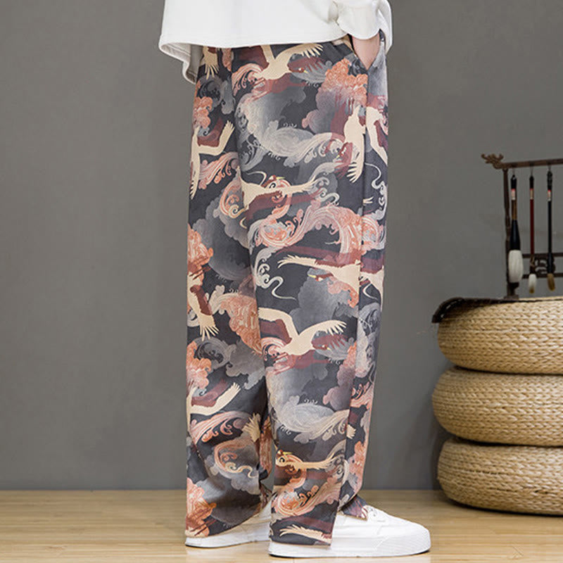 Nimara Ritual Spring Summer Casual Drawstring Crane Print Ankle Pants Men's Harem Pants With Pockets
