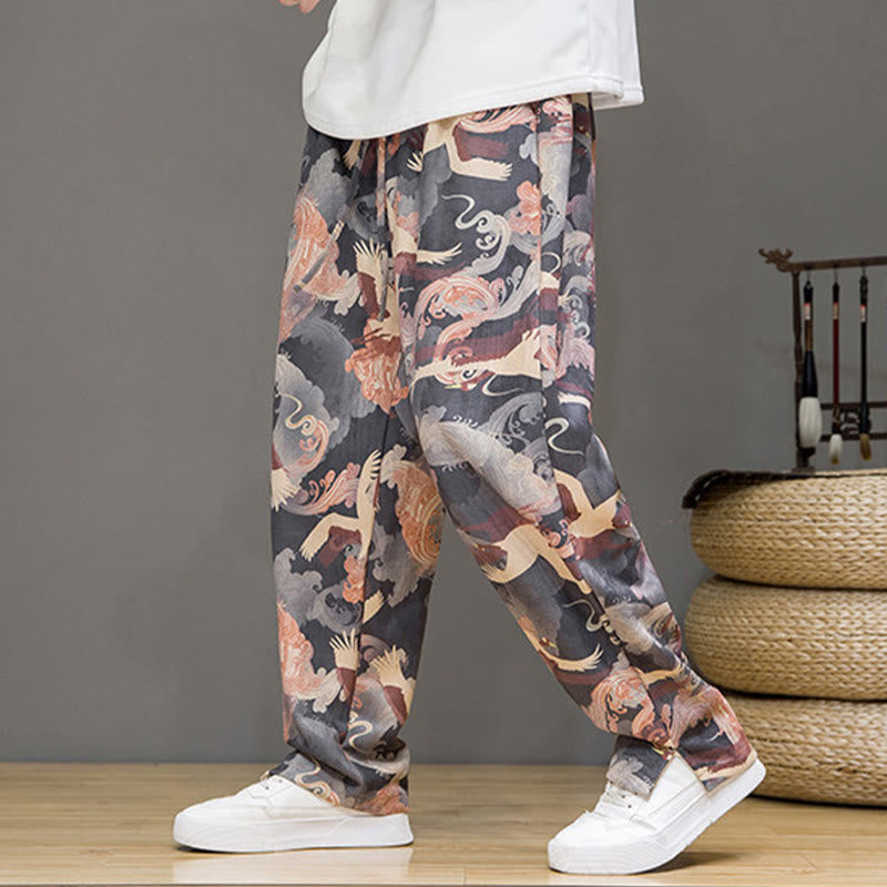 Nimara Ritual Spring Summer Casual Drawstring Crane Print Ankle Pants Men's Harem Pants With Pockets