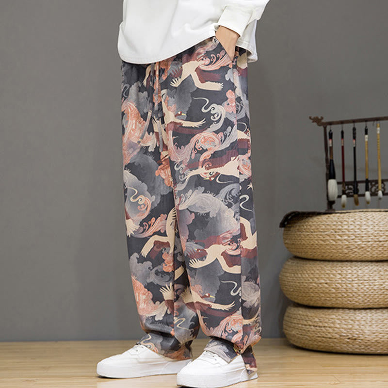 Nimara Ritual Spring Summer Casual Drawstring Crane Print Ankle Pants Men's Harem Pants With Pockets