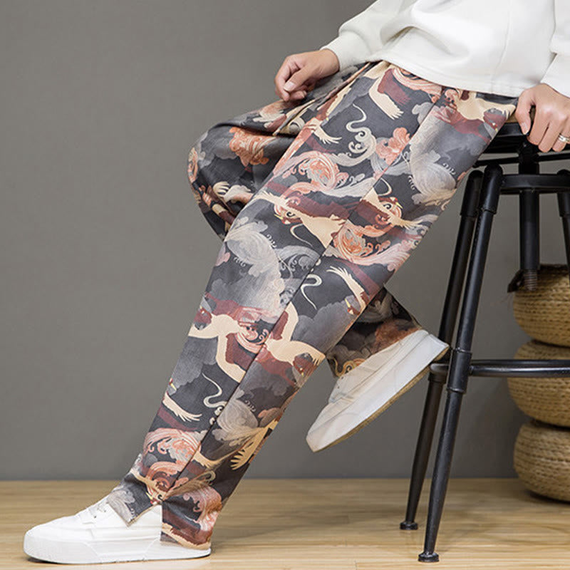 Nimara Ritual Spring Summer Casual Drawstring Crane Print Ankle Pants Men's Harem Pants With Pockets