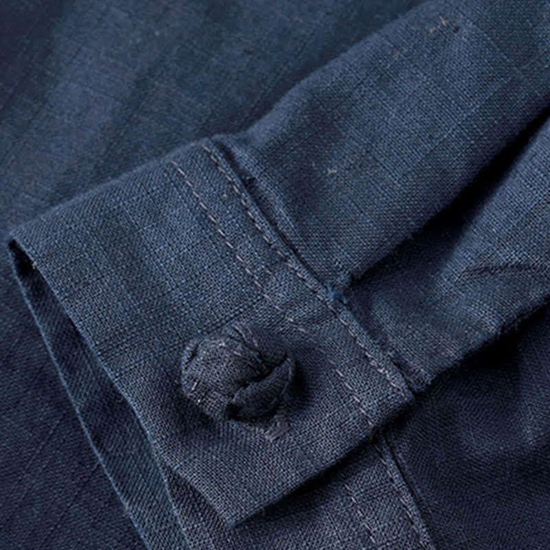 Nimara Ritual Spring Tang Style Minimalist Mandarin Collar Solid Linen Cotton Men's Long Sleeve Shirts With Patch Pocket