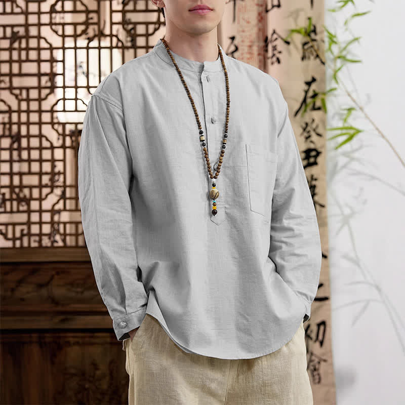 Nimara Ritual Spring Tang Style Minimalist Mandarin Collar Solid Linen Cotton Men's Long Sleeve Shirts With Patch Pocket