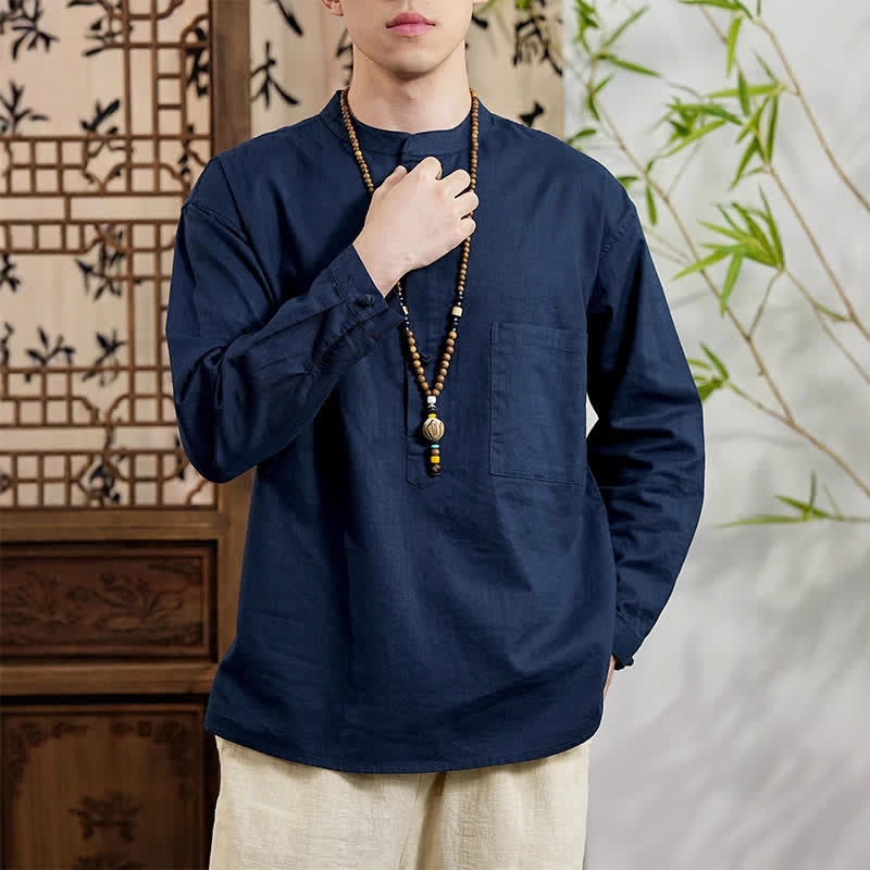 Nimara Ritual Spring Tang Style Minimalist Mandarin Collar Solid Linen Cotton Men's Long Sleeve Shirts With Patch Pocket