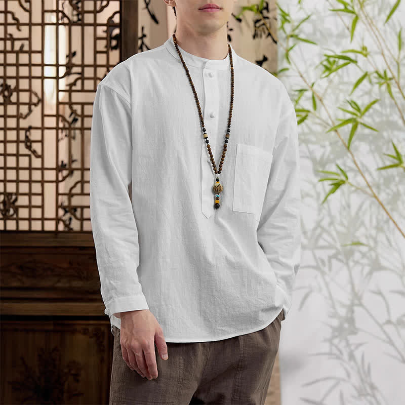Nimara Ritual Spring Tang Style Minimalist Mandarin Collar Solid Linen Cotton Men's Long Sleeve Shirts With Patch Pocket