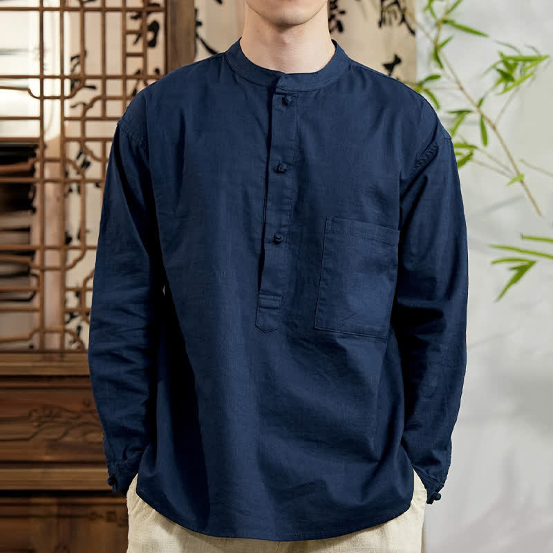 Nimara Ritual Spring Tang Style Minimalist Mandarin Collar Solid Linen Cotton Men's Long Sleeve Shirts With Patch Pocket