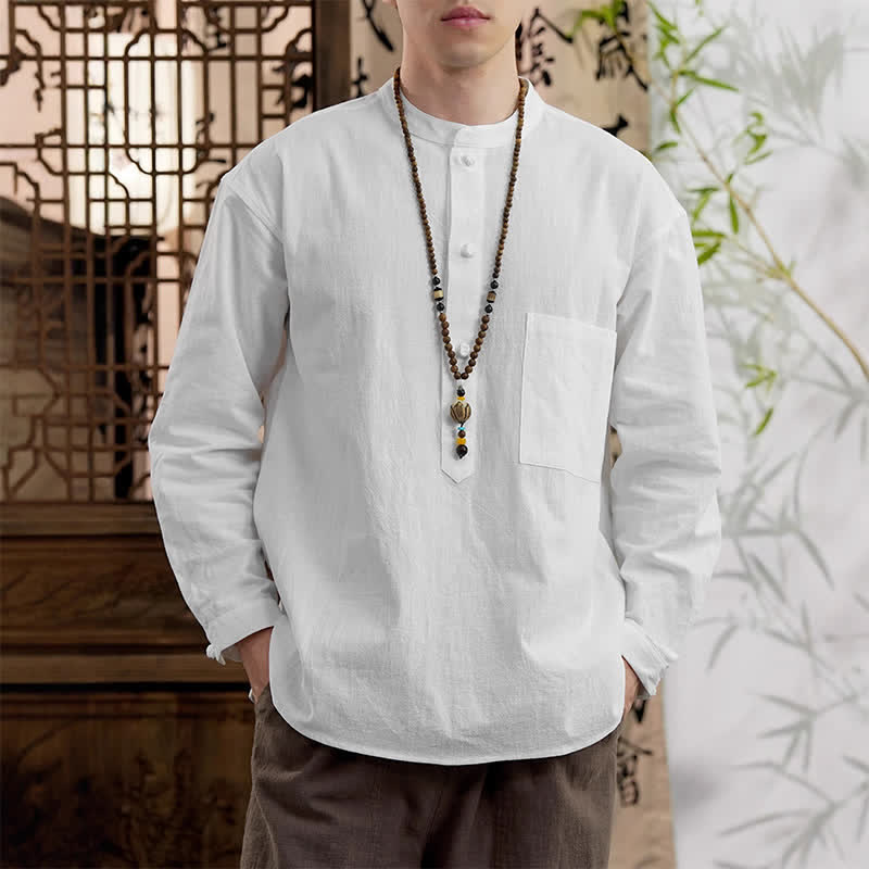 Nimara Ritual Spring Tang Style Minimalist Mandarin Collar Solid Linen Cotton Men's Long Sleeve Shirts With Patch Pocket