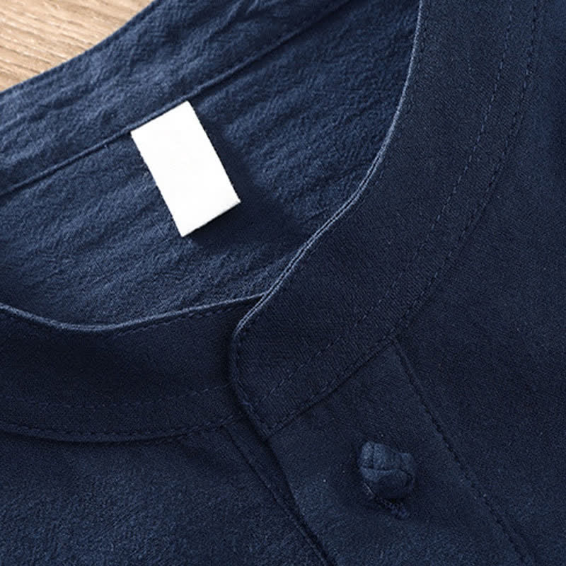 Nimara Ritual Spring Tang Style Minimalist Mandarin Collar Solid Linen Cotton Men's Long Sleeve Shirts With Patch Pocket