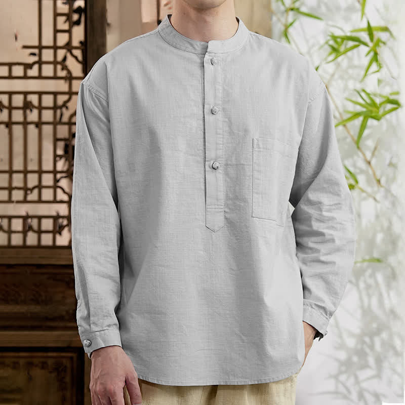Nimara Ritual Spring Tang Style Minimalist Mandarin Collar Solid Linen Cotton Men's Long Sleeve Shirts With Patch Pocket