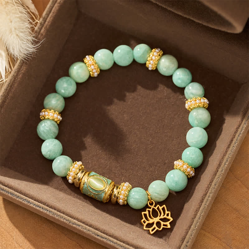 Nimara Ritual Amazonite Enamel Barrel Bead Lotus Pendant Love Hand Polished Round Bead Bracelet