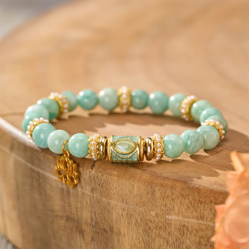 Nimara Ritual Amazonite Enamel Barrel Bead Lotus Pendant Love Hand Polished Round Bead Bracelet