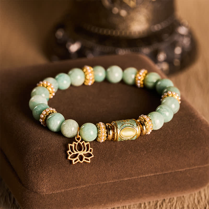 Nimara Ritual Amazonite Enamel Barrel Bead Lotus Pendant Love Hand Polished Round Bead Bracelet