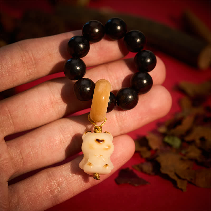 Nimara Ritual Ebony Wood Charcoal-Grilled Cat & Bear Balance Tactile Meditation Beads Decorations
