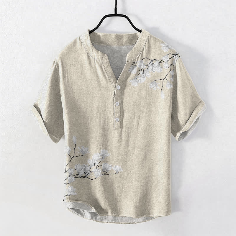 Nimara Ritual Cotton White Floral Branch Pattern Men's Short Sleeve Half Button Shirt
