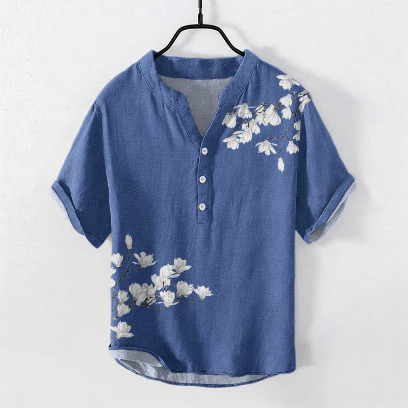 Nimara Ritual Cotton White Floral Branch Pattern Men's Short Sleeve Half Button Shirt