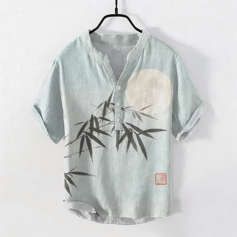 Nimara Ritual Cotton Bamboo Leaf Ink Moon Pattern Men's Short Sleeve Half Button Shirt