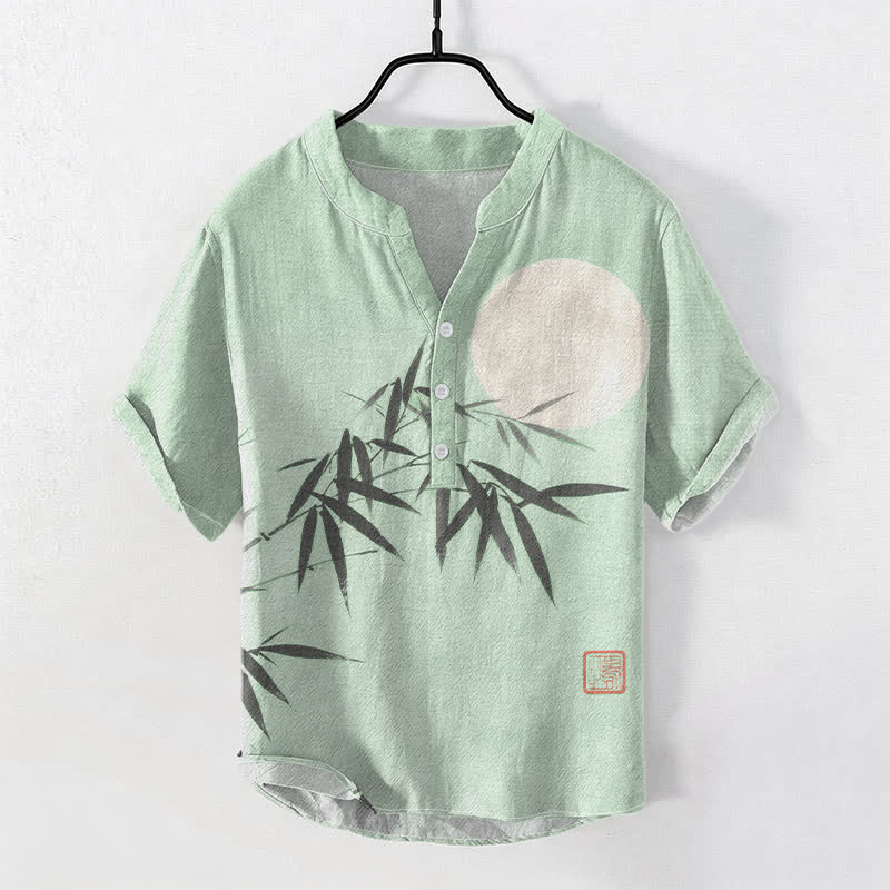Nimara Ritual Cotton Bamboo Leaf Ink Moon Pattern Men's Short Sleeve Half Button Shirt