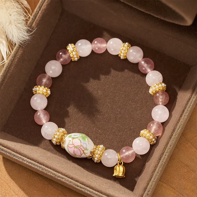 Nimara Ritual Natural Strawberry Quartz Rose Quartz Ceramic Barrel Bead Lotus Pendant Clarity Round Bead Bracelet