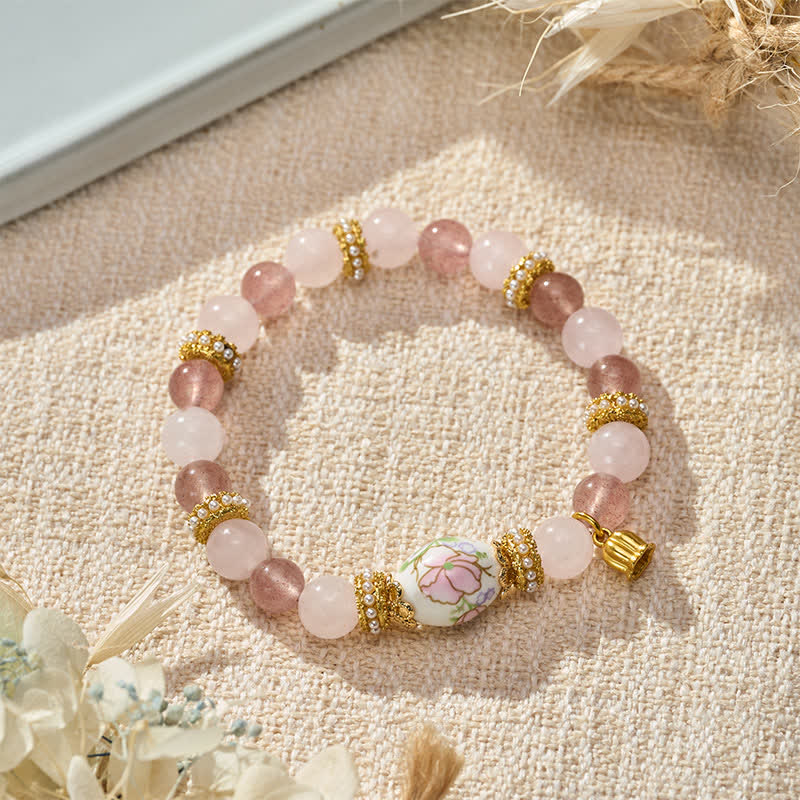 Nimara Ritual Natural Strawberry Quartz Rose Quartz Ceramic Barrel Bead Lotus Pendant Clarity Round Bead Bracelet