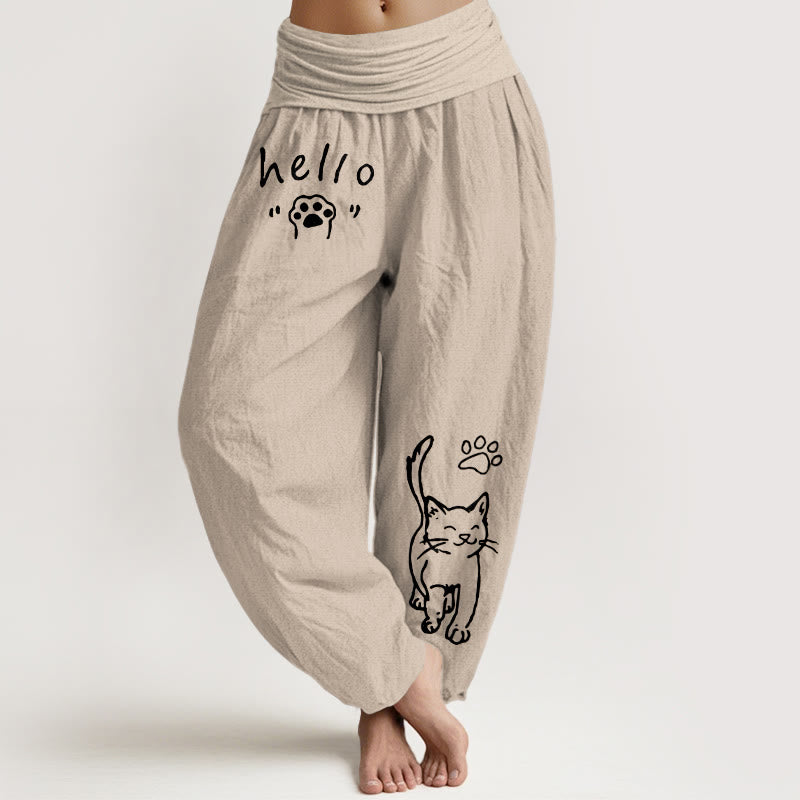 Nimara Ritual Pure Cotton Hello Cat Paw Pattern Women's Elastic Waist Harem Pants