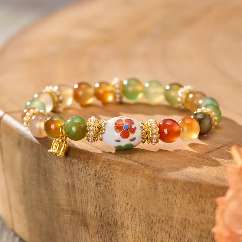 Nimara Ritual Natural Peacock Agate Ceramic Barrel Bead Lotus Pendant Confidence Round Bead Bracele