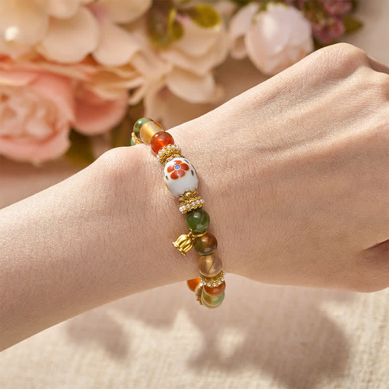Nimara Ritual Natural Peacock Agate Ceramic Barrel Bead Lotus Pendant Confidence Round Bead Bracele