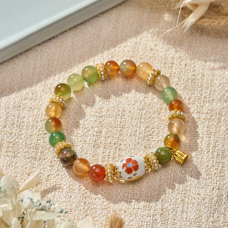 Nimara Ritual Natural Peacock Agate Ceramic Barrel Bead Lotus Pendant Confidence Round Bead Bracele