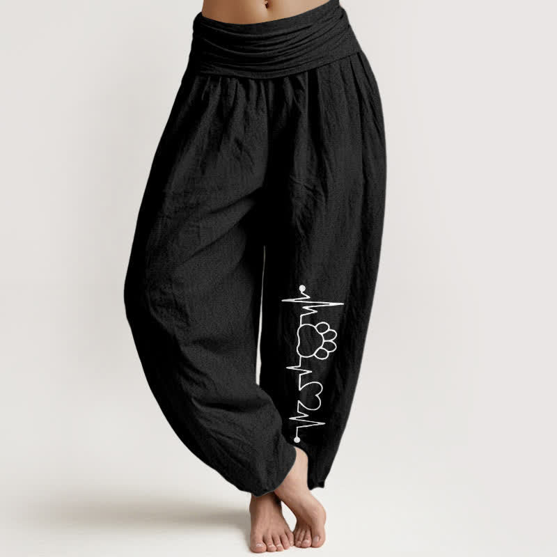 Nimara Ritual Pure Cotton Heartbeat Paw Print Pattern Women's Elastic Waist Harem Pants