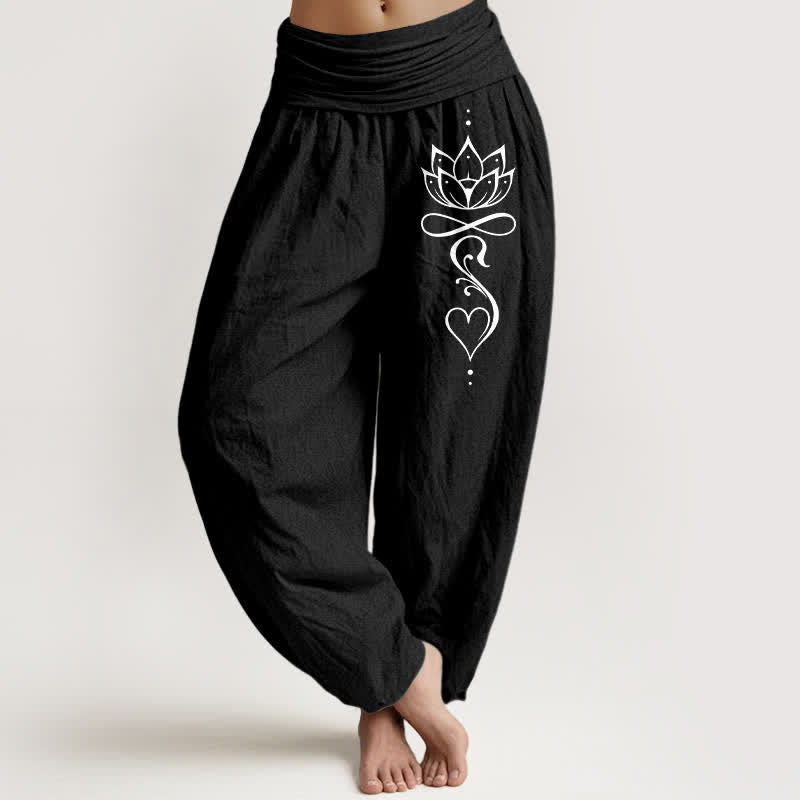Nimara Ritual Pure Cotton White Lotus Line Art Pattern Women's Elastic Waist Harem Pants